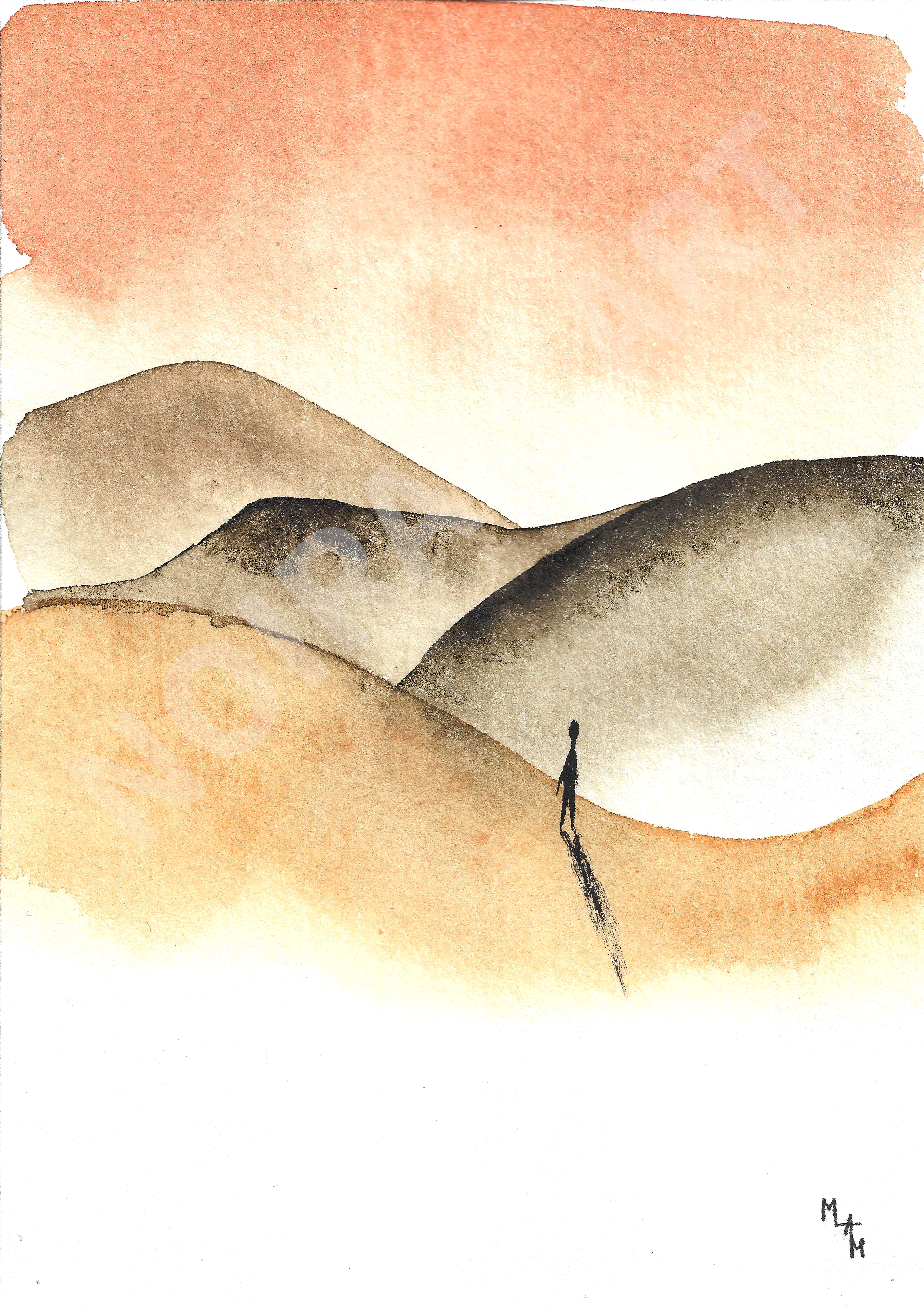 paysage dune montagne horizon personnage réflexion marion-lorraine poncet mlam noiram aquarelle